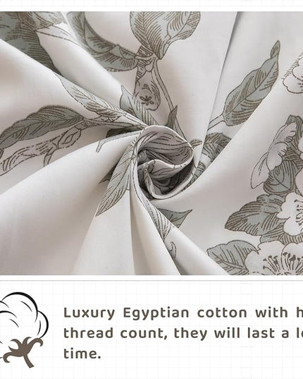 QSH Floral Egyptian Cotton Sheets Queen Size - Green Botanical Elegant Flower Pattern Printed Bedding Sheets Queen Size Bed Extra Soft and Breathable 4pcs Deep Pockets Bed Sheets - LeafyLoom