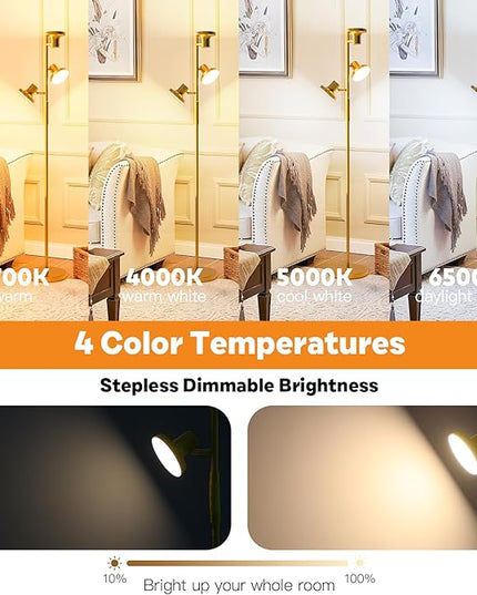 36W Super Bright Gold Floor Lamp, Modern LED Standing Lamp with Remote & Touch Control, 4 Color Temperatures, 3 Rotatable Lights, Dimmable Floor Lamps for Living Room, Bedroom, Office - LeafyLoom