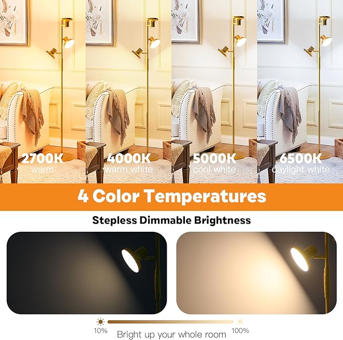 36W Super Bright Gold Floor Lamp, Modern LED Standing Lamp with Remote & Touch Control, 4 Color Temperatures, 3 Rotatable Lights, Dimmable Floor Lamps for Living Room, Bedroom, Office - LeafyLoom