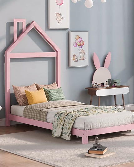Jintop Twin Size Wood Platform Chimney and House-Shaped Headboard,Bedroom Furniture Bed Frame W/ 10 Slat Support,Easy to Install,for Teens Kids Girls Boys,Pink - LeafyLoom