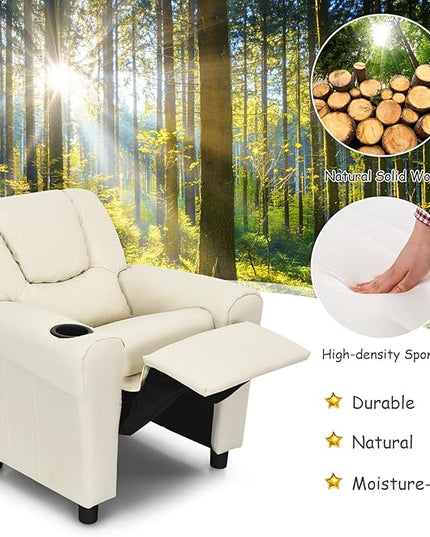 ARLIME Kids Recliner chair, toddler Armchair Upholstered Couch with Cup Holder, Backrest, baby Leather sofa with Headrest and Footrest, Child Furniture for Ages 2-7 (Beige) - LeafyLoom