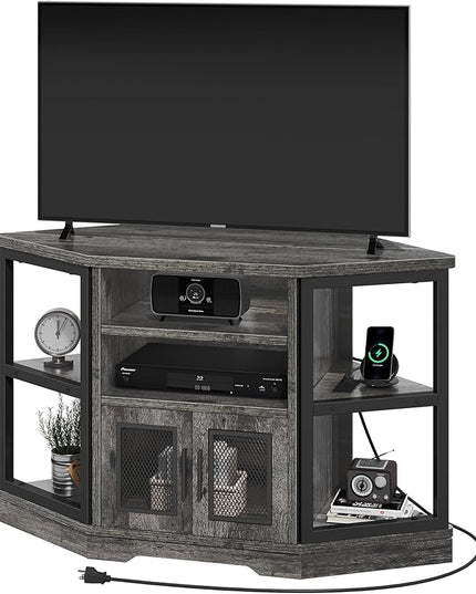 YITAHOME Corner TV Stand for TVs up to 55 Inch with Power Outlet, Modern Farmhouse Entertainment Center, Wood TV Media Console with Storage Cabinets Shelves for Living Room Bedroom, Gray Oak - LeafyLoom