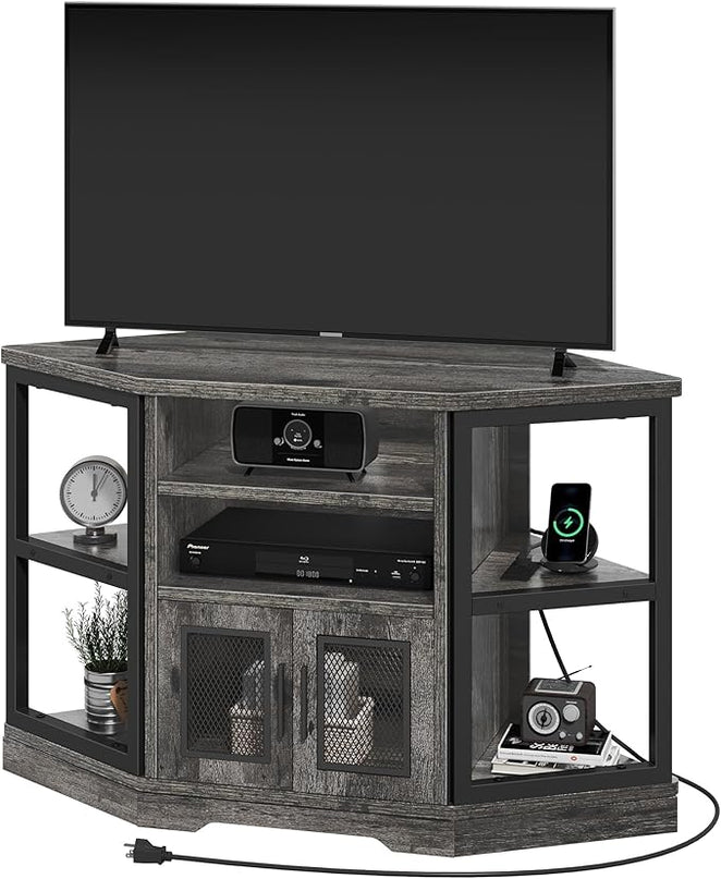 YITAHOME Corner TV Stand for TVs up to 55 Inch with Power Outlet, Modern Farmhouse Entertainment Center, Wood TV Media Console with Storage Cabinets Shelves for Living Room Bedroom, Gray Oak - LeafyLoom