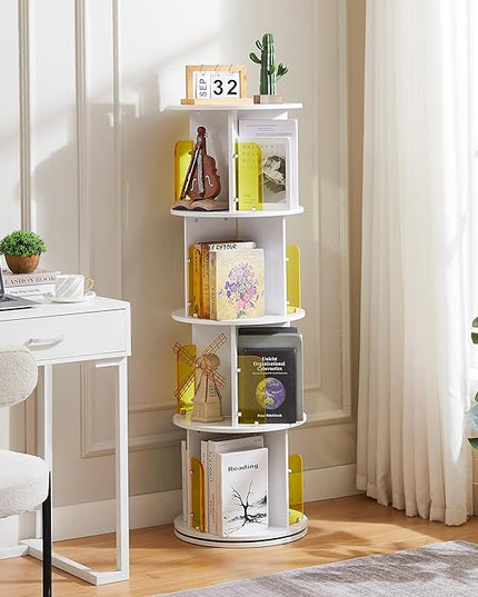 VECELO Rotating Bookshelf, 4-Tier Small Corner Display with Acrylic Window, Ideal Storage Solution for Kids and Adults in Bedrooms, Living Rooms, Space Efficient and Elegant White Design - LeafyLoom
