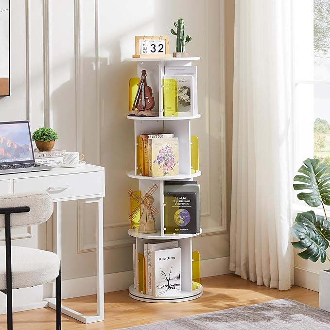 VECELO Rotating Bookshelf, 4-Tier Small Corner Display with Acrylic Window, Ideal Storage Solution for Kids and Adults in Bedrooms, Living Rooms, Space Efficient and Elegant White Design - LeafyLoom