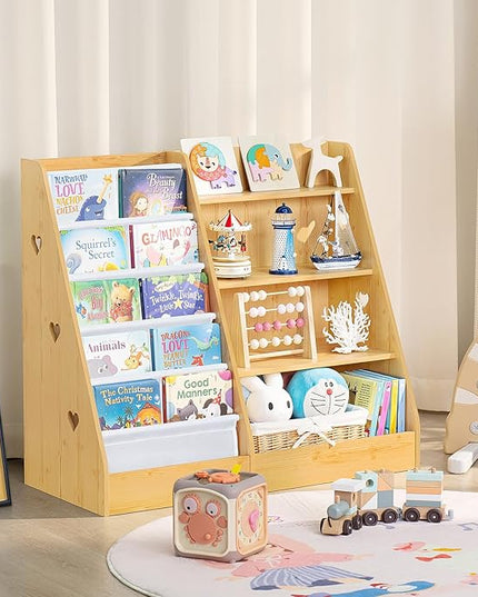 Lerliuo 4 Tier Kids Bookshelf and Storage Organizer, Five Layer Sling Children Bookcase, Baby Toddler Wooden Book Shelf, Display Cabinet for Playroom, Bedroom, Classroom, Nursery, School (Natural) - LeafyLoom