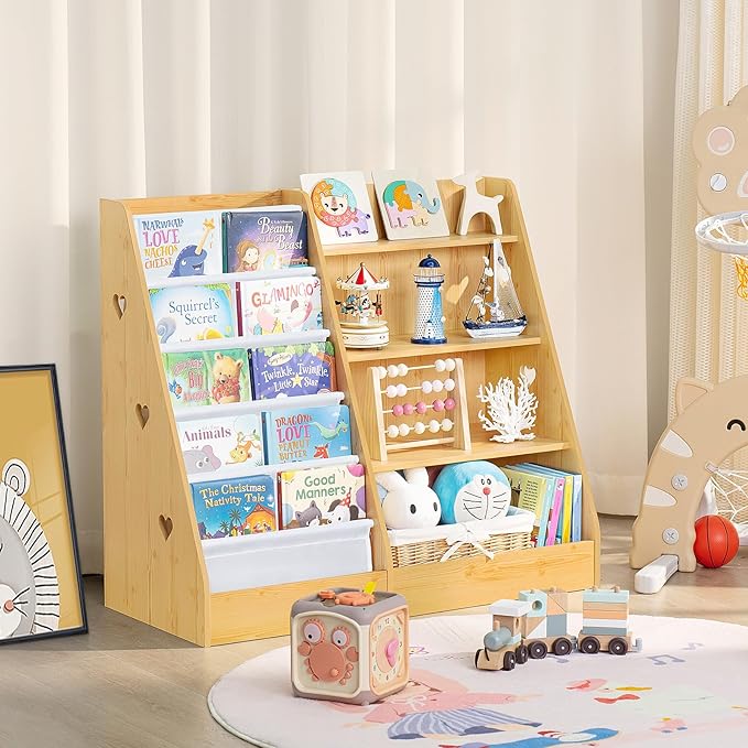 Lerliuo 4 Tier Kids Bookshelf and Storage Organizer, Five Layer Sling Children Bookcase, Baby Toddler Wooden Book Shelf, Display Cabinet for Playroom, Bedroom, Classroom, Nursery, School (Natural) - LeafyLoom