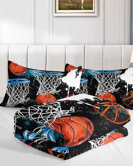 Axolotl Basketball Comforter Set Queen,Sports Comforter Set,Basketball Bedding Set,Sports Theme Comforter Set,Grunge Bedding Aesthetic Cool Style for Boys Kids Men,1 Quilt 2 Pillowcases,Black Blue - LeafyLoom