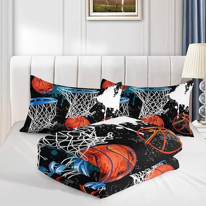 Axolotl Basketball Comforter Set Full,Sports Comforter Set,Basketball Bedding Set,Sports Theme Comforter Set,Grunge Bedding Aesthetic Cool Style for Boys Kids Men,1 Quilt 2 Pillowcases,Black Blue - LeafyLoom