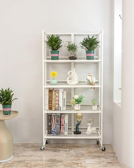 No-Assembly Folding Bookshelf Storage Rack Shelves with Castors 4 Tiers Vintage Bookcase Standing Racks Multifunctional Plant Flower Stand Study Organizer for Home Office (Wire,White) - LeafyLoom
