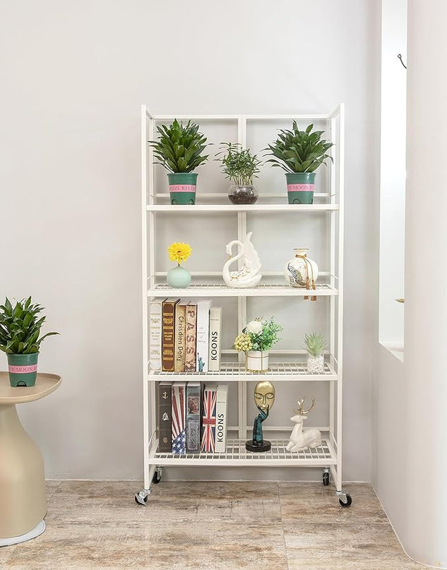 No-Assembly Folding Bookshelf Storage Rack Shelves with Castors 4 Tiers Vintage Bookcase Standing Racks Multifunctional Plant Flower Stand Study Organizer for Home Office (Wire,White) - LeafyLoom