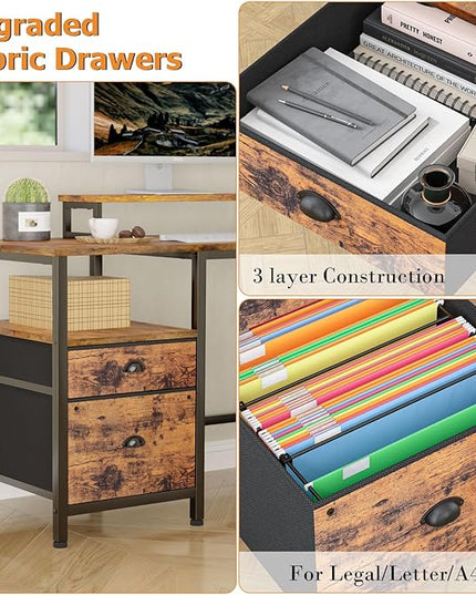 Furologee 66” L Shaped Desk with Power Outlet, Reversible Computer Desk with File Drawer & 2 Monitor Stands, Home Office Desk with Storage Shelves, Corner Desk for Gaming Writing, Rustic Brown - LeafyLoom