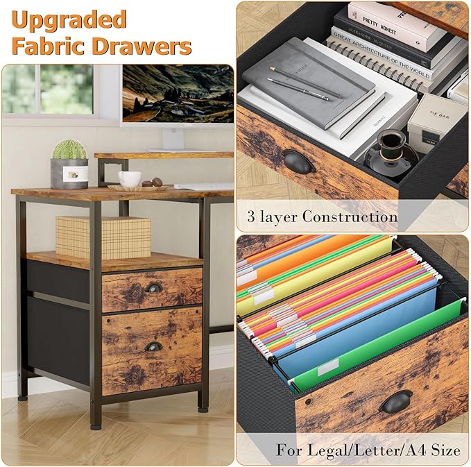 Furologee 66” L Shaped Desk with Power Outlet, Reversible Computer Desk with File Drawer & 2 Monitor Stands, Home Office Desk with Storage Shelves, Corner Desk for Gaming Writing, Rustic Brown - LeafyLoom