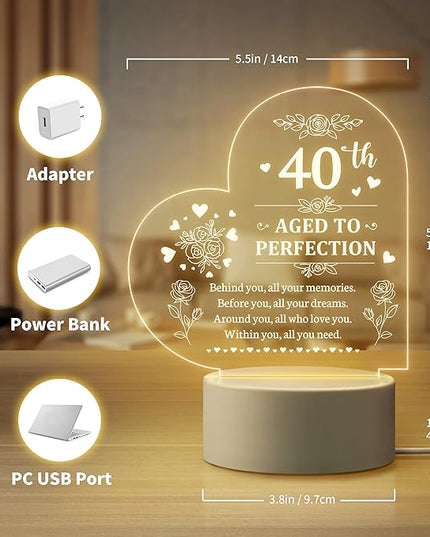 40th Birthday Gifts for Women, Personalized Night Light, 40 Year Old Gifts for Women, Happy 40th Birthday Gifts Ideas for Wife, Mom, Daughter, Sister, Aunt, Best Friends, BFF, Coworkers - LeafyLoom