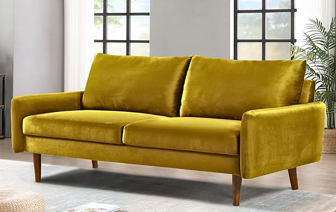 US Pride Furniture Kent Modern Velvet Sofa, Comfortable 3 Seater Couch for Living Rooms and Small Spaces, Ideal Studio Apartment Furniture with Sleek Design, Greenish Yellow - LeafyLoom