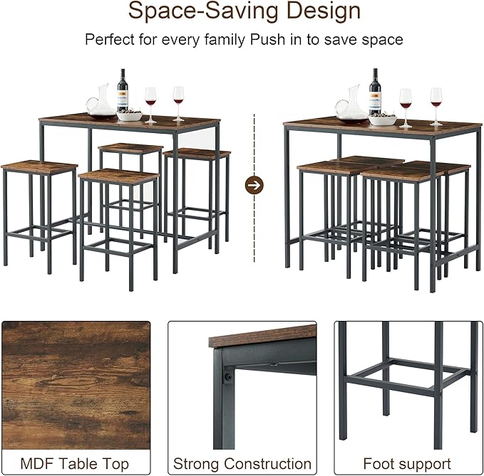 NicBex Dining Room Table Set for 4 Bar Table and Chairs Set 5Pc Dining Table Set with High Stools Space-Saving Design Apartment, Small Space, Industrial Style, Antique Brown - LeafyLoom