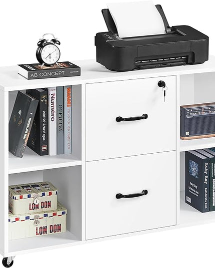 Yaheetech White File Cabinet Mobile Letter Size File Cabinet with 2 Drawers and 4 Open Storage Shelves Large Mobile Lateral Filing Cabinet Printer Stand for Home and Office - LeafyLoom