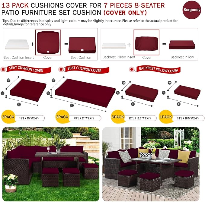 ClawsCover 13Pack Outdoor Seat and Back Cushions Replacement Covers Fit for 7Pieces Wicker Rattan Patio Furniture Set Sectional Couch with Dining Table and Ottoman,Burgundy-Include Cover Only - LeafyLoom