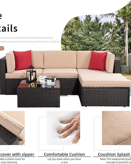 Shintenchi 5 Pieces Patio Furniture Sets Outdoor All-Weather Sectional Patio Sofa Set PE Rattan Manual Weaving Wicker Patio Conversation Set with Glass Table&Ottoman Cushion and Red Pillows - LeafyLoom