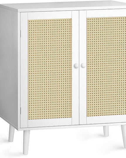 Buffet Cabinet with Storage, Storage Cabinet with PE Rattan Decor Doors, Accent Cabinet with Solid Wood Feet, Sideboard Cabinet for Hallway, Entry, Living Room, White - LeafyLoom