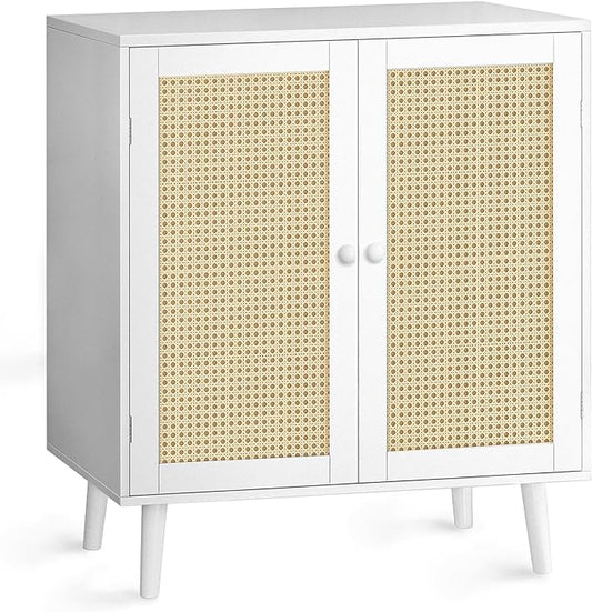Buffet Cabinet with Storage, Storage Cabinet with PE Rattan Decor Doors, Accent Cabinet with Solid Wood Feet, Sideboard Cabinet for Hallway, Entry, Living Room, White - LeafyLoom