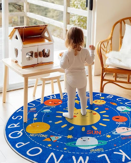 Round ABC Kids Rug,4 Ft Soft Circle Alphabet Playroom Rug,Washable Non-Slip Solar System Kids Play Rug,Space Educational Rug Kids Carpet for Classroom Playroom Bedroom Kids Room Decor - LeafyLoom