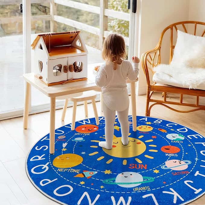 Round ABC Kids Rug,5.2 Ft Soft Circle Alphabet Playroom Rug,Washable Non-Slip Solar System Kids Play Rug,Space Educational Rug Kids Carpet for Classroom Playroom Bedroom Kids Room Decor - LeafyLoom