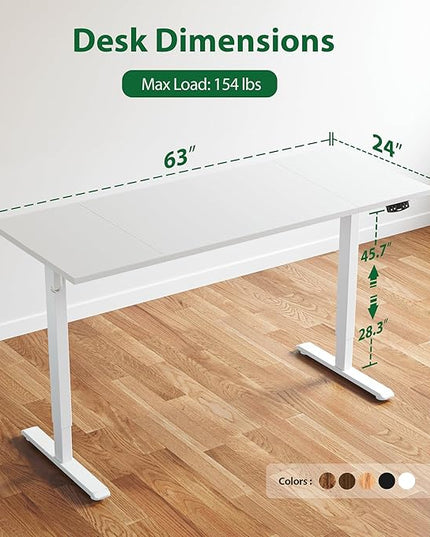 Electric Standing Desk, Large 63 x 24 Inches Height Adjustable Desk, Sit Stand up Desk for Work Office Home, Splice Board, White - LeafyLoom