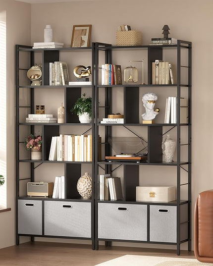 armocity 74 Inch Tall Bookshelf, 6 Tier Bookcase with Drawers, Modern Book Shelf Display Standing Shelf Units with Storage, Wood and Metal Bookshelves for Living Room, Bedroom, Home Office, Black - LeafyLoom