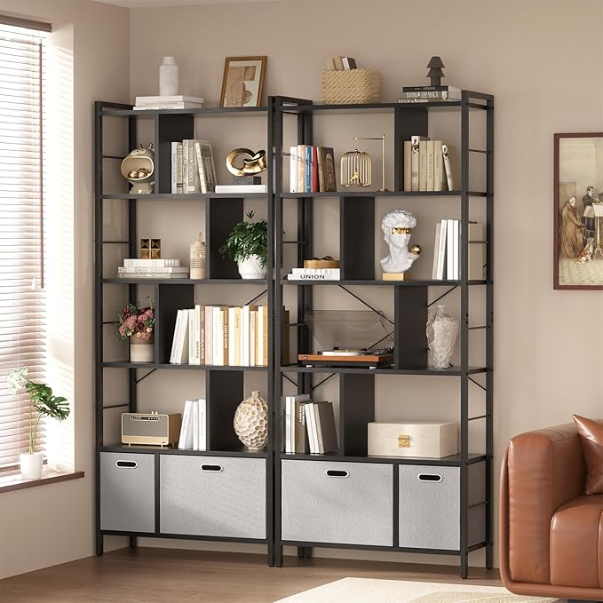 armocity 74 Inch Tall Bookshelf, 6 Tier Bookcase with Drawers, Modern Book Shelf Display Standing Shelf Units with Storage, Wood and Metal Bookshelves for Living Room, Bedroom, Home Office, Black - LeafyLoom