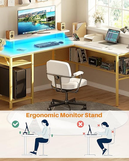 Reversible L Shaped Computer Desk with Power Outlet & Monitor Stand, 55 Inch Office Desk with RGB LED Light, Sturdy Corner Desk with Storage Shelf, Gaming Table, Easy to Assemble, White - LeafyLoom