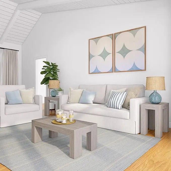 Plank+Beam Modern Rectangular Coffee Table, Solid Wood, 40 Inch, Rectangle Coffee Table for Living Room, Mini Center Tables for Small Spaces, Small Living Space Tea Table, Seashell Wirebrush - LeafyLoom