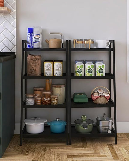 SMIBUY Bamboo Bookshelf, Bathroom Storage Rack Organizer, Plant Flower Display Stand Floor Standing with 4 Tier Open Shelves and Handles (Black) - LeafyLoom
