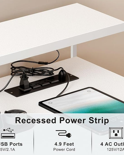 Need 60 inch Computer Desk with LED Lights & Power Outlets, Large Home Desk with Monitor Shelf, Writing Table Gaming Desk Home Office Desk, White - LeafyLoom
