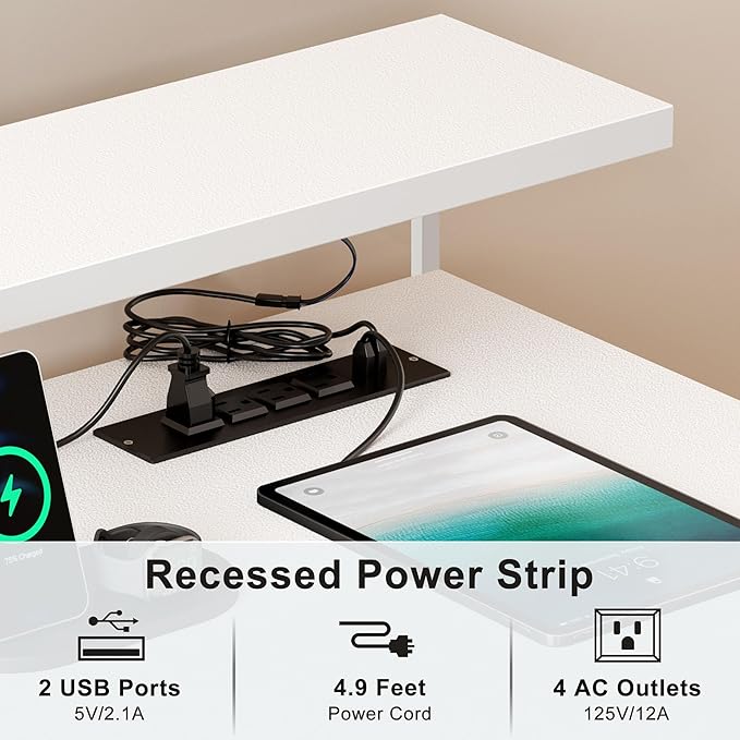 Need 60 inch Computer Desk with LED Lights & Power Outlets, Large Home Desk with Monitor Shelf, Writing Table Gaming Desk Home Office Desk, White - LeafyLoom