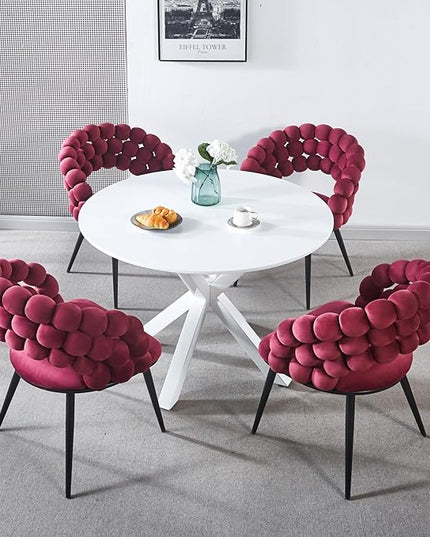 Fuchsia Woven Velvet Barrel Accent Chairs with Black Metal Legs, Upholstered Armchair for Dining Room Vanity Living Room - LeafyLoom