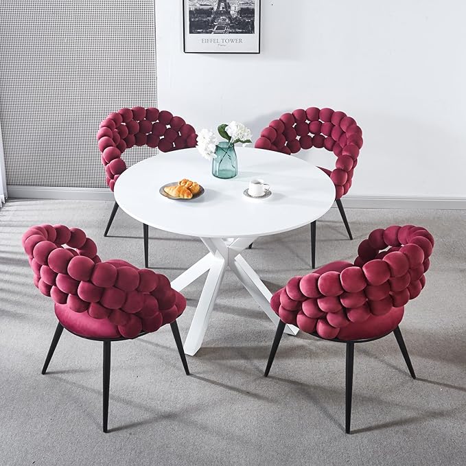 Fuchsia Woven Velvet Barrel Accent Chairs with Black Metal Legs, Upholstered Armchair for Dining Room Vanity Living Room - LeafyLoom