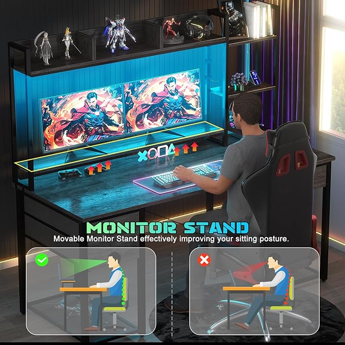 Aheaplus Desk with LED and Outlets, Gaming Desk with Hutch, 55.2'' Computer Desk with Drawers, Reversible office desk with storage bookshelf Large Workstation Desk with Shelf, Desk for Home, Black Oak - LeafyLoom