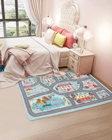 Non-slip Kids Playmat Rug for Playroom, 3'x 5' Blue Washable Children's Educational Rugs, Learning & Have Fun Safely City Life Road Traffic Play Mat Carpet for Baby Room Bedroom - LeafyLoom