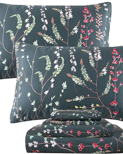 QSH Floral Egyptian Cotton Sheets Queen Size - Elegant Navy Botanical Pattern Printed Bedding Sheets Queen Size Bed Extra Soft and Breathable 4pcs Deep Pockets Bed Sheets - LeafyLoom