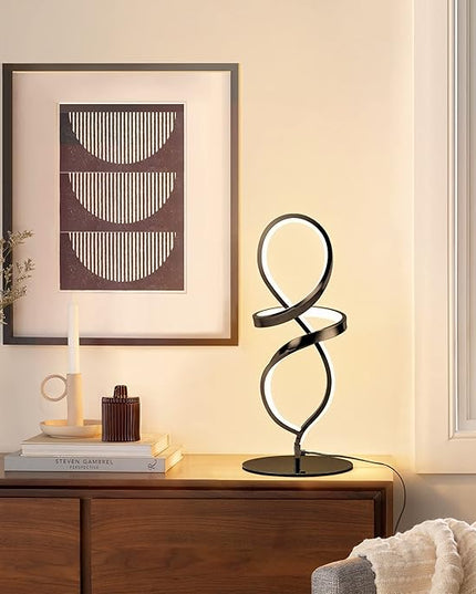 Modern Table Lamp, LED Spiral Lamp, Black Bedside Lamp with Stepless Dimming Switch, Contemporary Nightstand Lamp, LED Lamp for Bedroom Living Room Home Office, 12W, 3200K Warm White - LeafyLoom