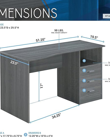 Techni Mobili RTA-8404-GRY Classic Computer Desk with Multiple Drawers, 51.2" W x 23.6" D x 29.5" H, Grey - LeafyLoom