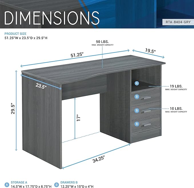 Techni Mobili RTA-8404-GRY Classic Computer Desk with Multiple Drawers, 51.2" W x 23.6" D x 29.5" H, Grey - LeafyLoom