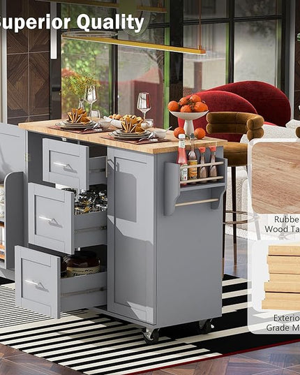 Mobile Island, Spice Tower, Rolling Kitchen Cart on Wheels w/Rubber Wood Top, 3 Drawer, 2 Slide-Out Shelf and Internal Storage Rack, Grey-Blue, 50 Inch - LeafyLoom