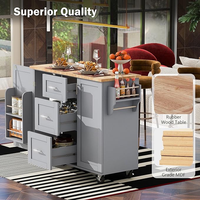 Mobile Island, Spice Tower, Rolling Kitchen Cart on Wheels w/Rubber Wood Top, 3 Drawer, 2 Slide-Out Shelf and Internal Storage Rack, Grey-Blue, 50 Inch - LeafyLoom