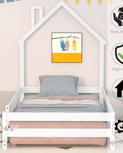 Bellemave Twin Size House-Shaped Headboard Floor Bed with Fences, Wooden Montessori Bed for Kids,House Bed Twin Frame for Girls,Boys (White) - LeafyLoom