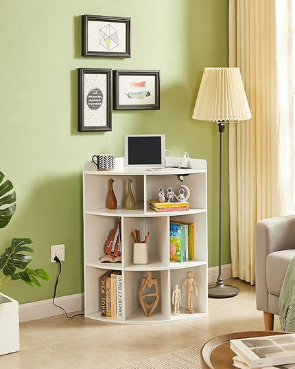 Vecelo Corner Cabinet with Charging Station, 3-Tier Cube Storage Organizer with USB Ports and Outlets, Triangle Bookcases with 8 Cubbies for Playroom, Bedroom, Living Room, Ivory White - LeafyLoom
