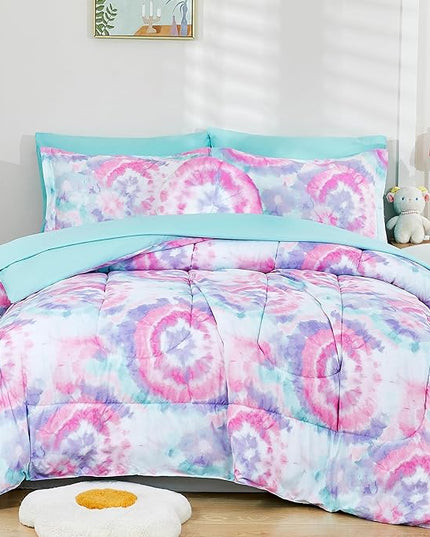 Mooreeke Tie Dye Kids Comforter Bed Set Full Size for s Girls, 8 Pieces Bed in a Bag with Shams, Sheet Set, A Toy Pillow Dark Pink Round Flower Full Soft Microfiber Kids Comforter Bedding Set - LeafyLoom
