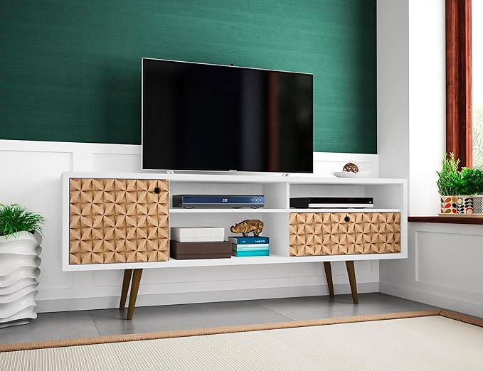 Manhattan Comfort Liberty Mid Century Modern TV Stand for Televisions up to 65 Inches, Bedroom and Living Room Entertainment Center with Storage, Shelves, and Cabinet, 71" Wide, White/3D Brown - LeafyLoom
