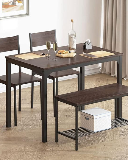 sogesfurniture 4 Piece Dining Table Set, Dining Table Set for 4, Kitchen Dinner Table with Benches for 4, includes Table, 2 Chairs & Bench, Brown - LeafyLoom